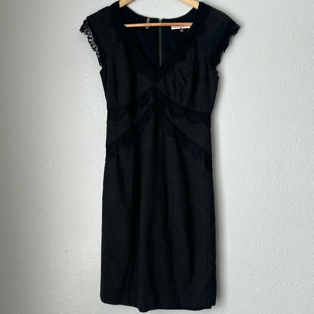Rebecca Taylor Dark Gray Dress Black‎ Lace Trim sheath dress Size 2